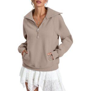 Women's Coffee Gray Fleece Lined Zip Pocket Long Sleeve Sweatshirts Hoodies Tops